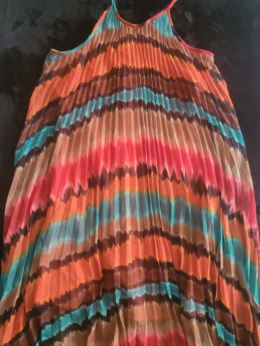 Max & Cleo Multicolor Pleated Dress in Orange, Teal & Brown